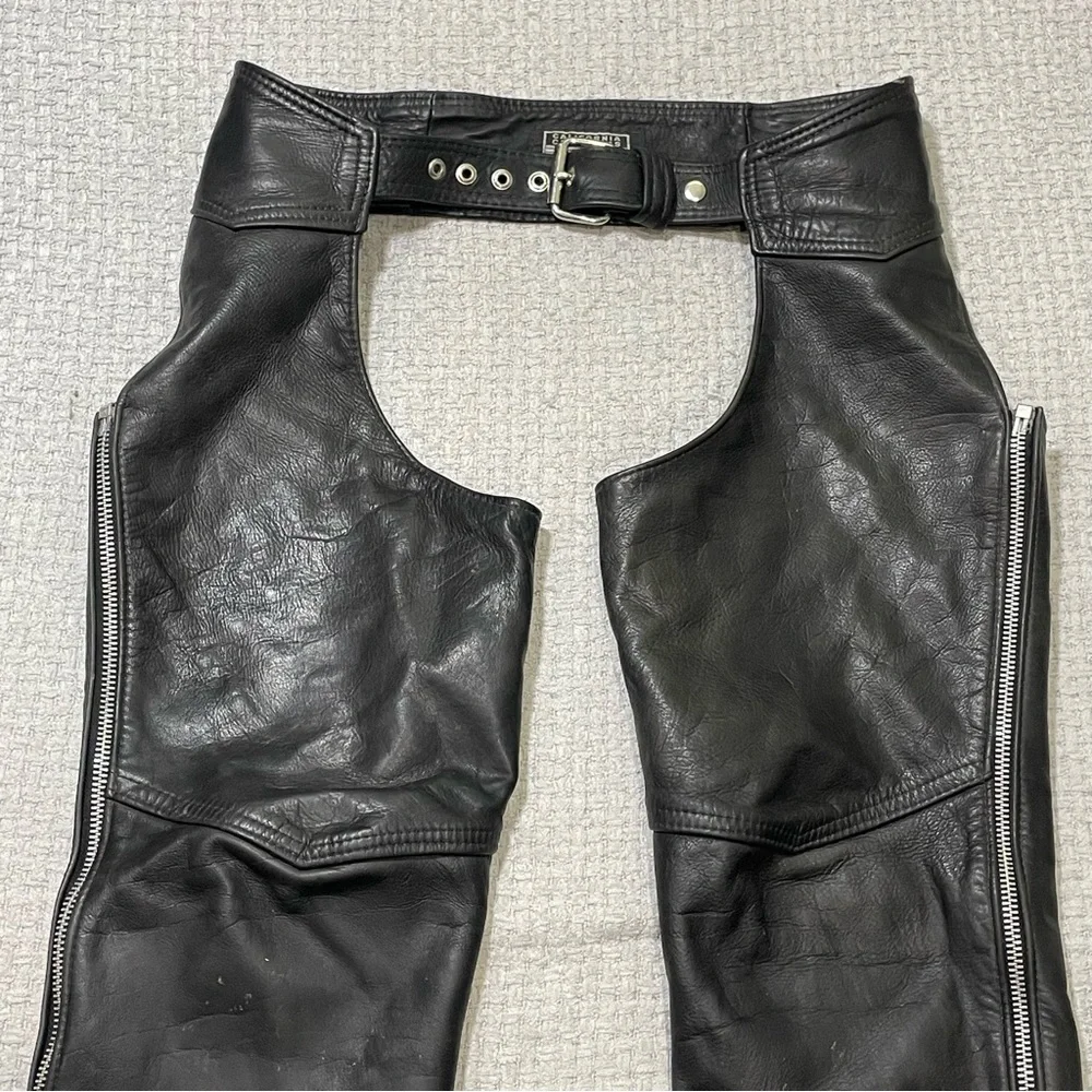 Vintage California Creations Black Leather Chaps Riding Pants Motorcycle Mens L
